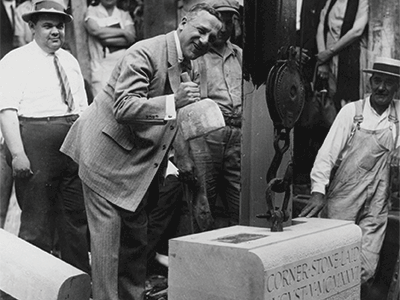 Photograph of the placing of the cornerstone for the Casa Italiana building at Columbia University.