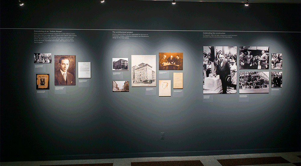 Close-up of the Exhibtion Space wall with photos of people and artifacts from the early years of the Casa Italiana building.