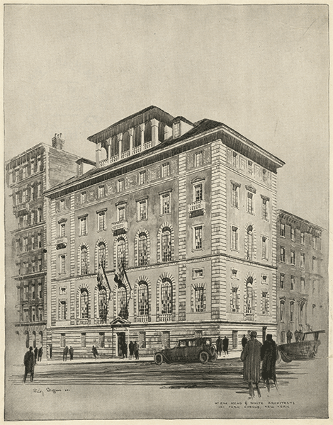 Fritz Stephens, casa exterior presentation sketch, McKim Mead & White Collection, Image #93798d, New-York Historical Society. Architect William Mitchell Kendall's original sketch of the Casa exterior.