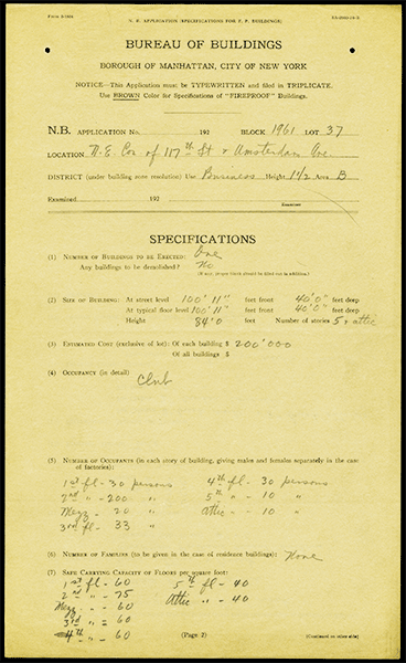 Building permit for block 1961 lot 37 w/ specs, 1924, McKim Mead & White Collection, Image #93800d, New-York Historical Society. Original New York City building permit to allow the creation of the Italian "club".