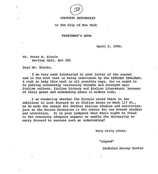 Letter from Nicholas M. Butler, President of Columbia University, to Peter M. Riccio, member of Circolo Italiano; April 5, 1920.