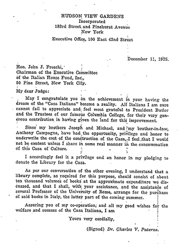 Source: Rare Book and Manuscript Library, Columbia University Letter on book donations from the Casa developer Charles V. Paterno to Judge John J. Freschi, December 11, 1925.