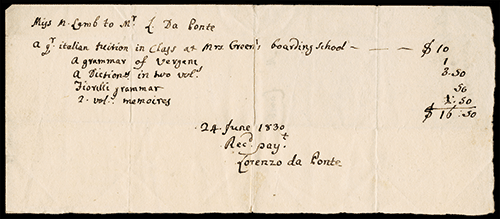 Lorenzo Da Ponte receipt of tuition payment, June 24, 1830.