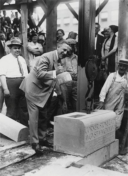 Photograph, Historical Photograph Collection (1855–2012), Columbia University in the City of New York Photograph Judge John J. Freschi poses with a mallet at the cornerstone ceremony for the Casa Italiana at Columbia University.