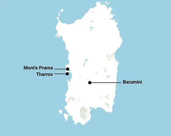 map of where Mont'e Prama, Tharros, and Barumini are