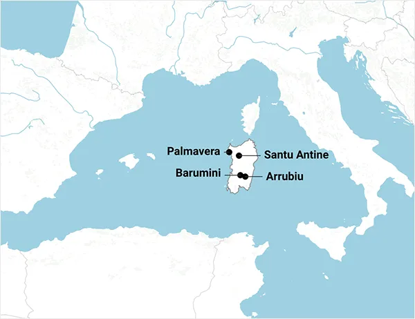 Map of Sardinia in the Mediterranean with the locations of Palmavera, Barumini, Santu Antine, and Arrubiu