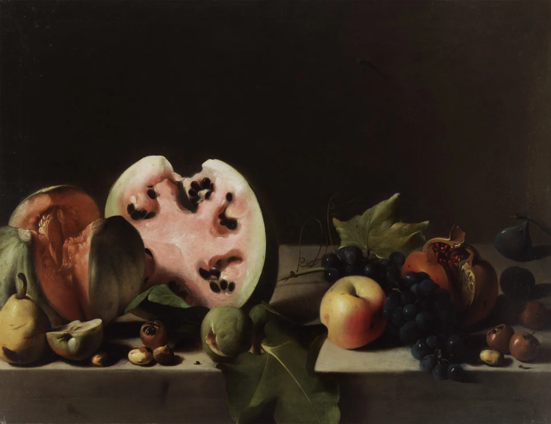 Still Life with a Melon, Watermelon, Pomegranate, Grapes, and Other Fruits, 1615-20, oil on canvas, Kimbell Art Museum, Fort Worth, AP2025.01. Courtesy of Nicholas Hall