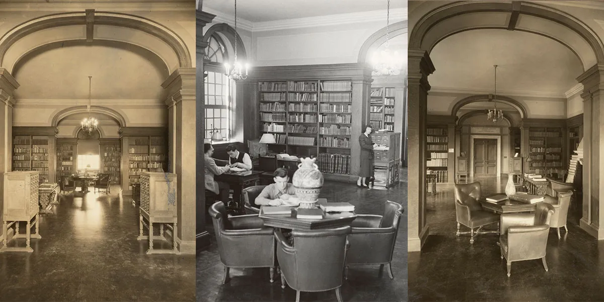 Three archival photographs of the Paterno Library (left: facing north; center and right: facing south)