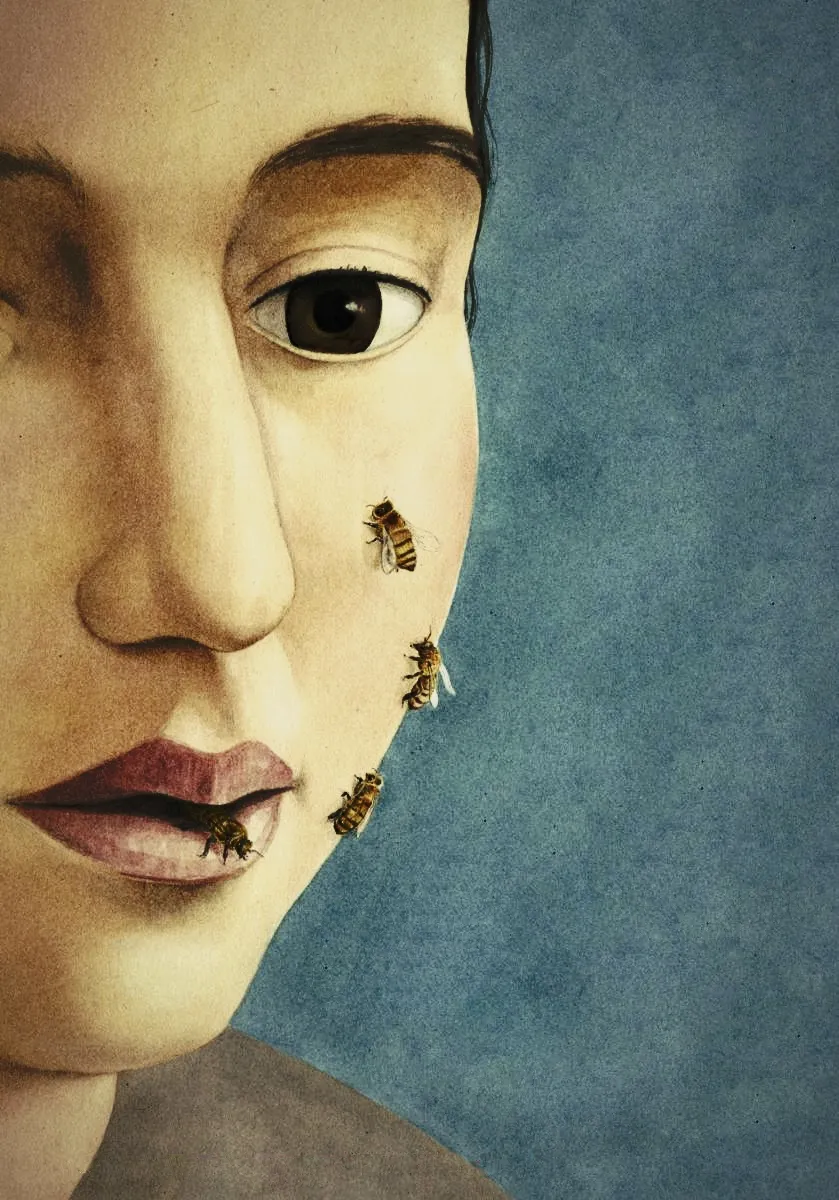 Drawing of woman with bees on her face