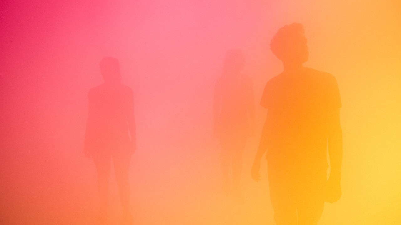 figures on pink and orange field