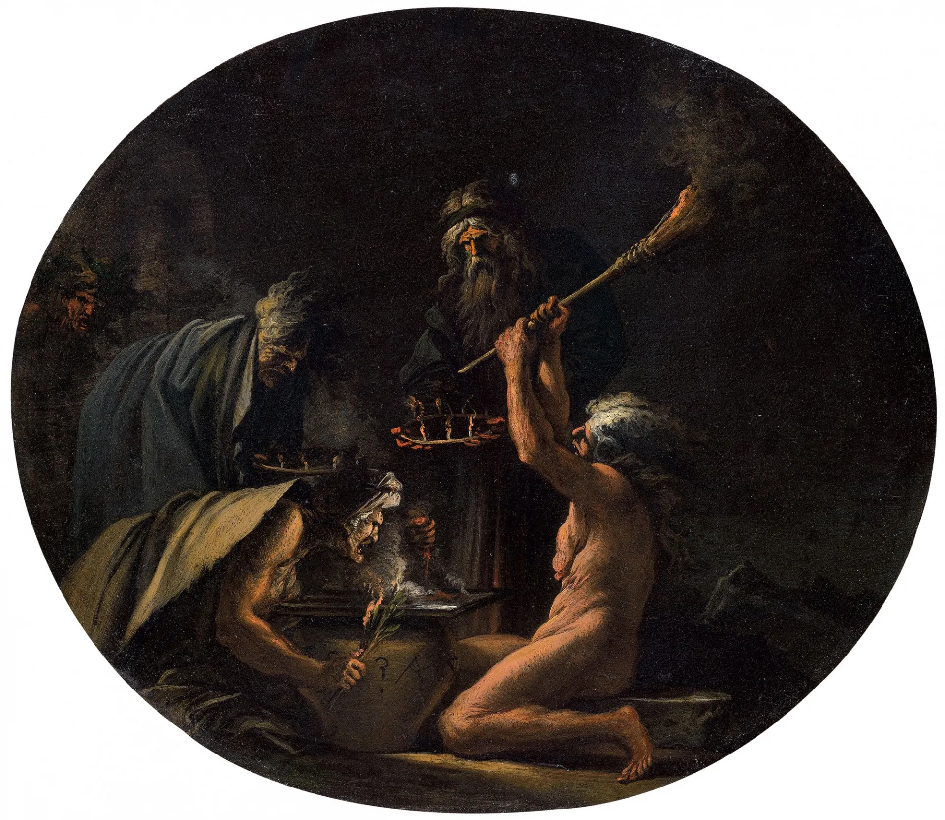 Salvator Rosa, Stregoneria, ca. 1645-47, oil on copper, oval, 30 x 34 cm. Lent by a Private Collection, Rome. Image courtesy of Nicholas Hall